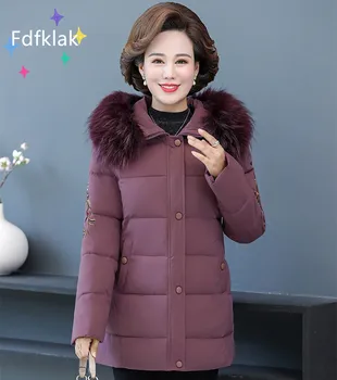 Fdfklak Зимние куртки для женщин среднего возраста, толстая куртка с цветочным рисунком с большим меховым воротником, женская одежда, русские зимние пальто